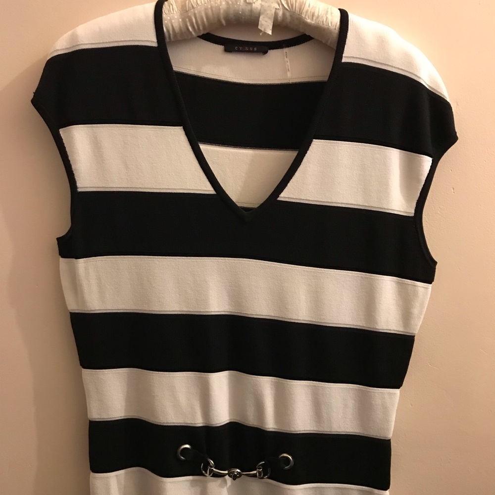 Black & White Stripe Sweater Tank w/Buckle Detail